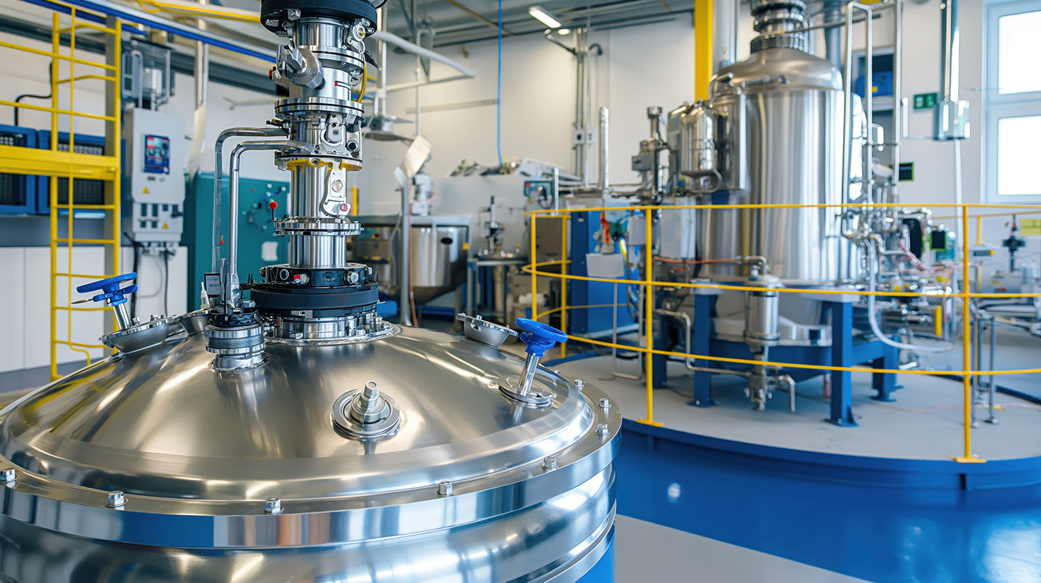 Industrial mixing tanks and stainless-steel processing equipment inside a modern manufacturing facility.