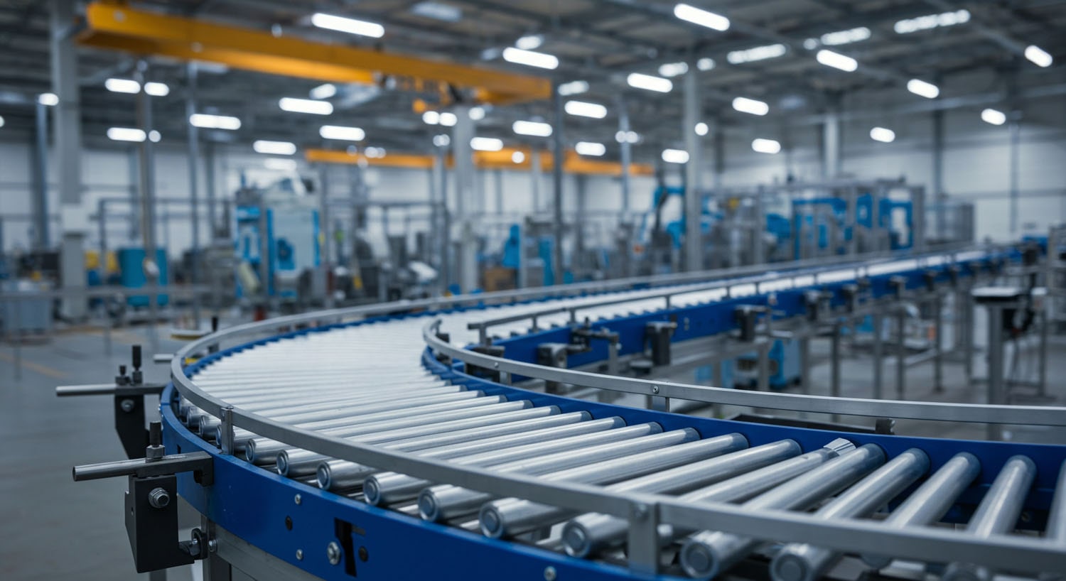 Curved conveyor belt system operating inside a spacious warehouse distribution center.