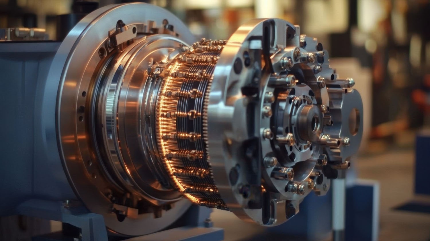 Close-up of an exposed electric motor or generator rotor with copper windings in a workshop.